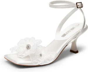 DREAM PAIRS Women's Flower Wedding Heels Cute Square Toe Slingback Low Kitten Heels Sandals with Ankle Strap