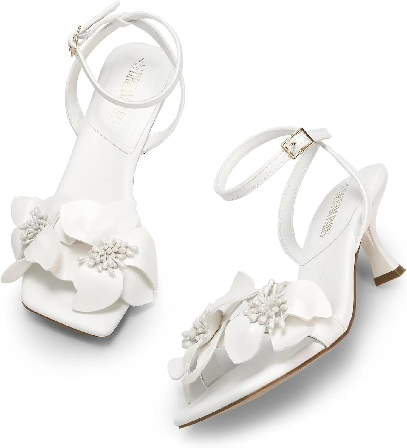 DREAM PAIRS Women's Flower Wedding Heels Cute Square Toe Slingback Low Kitten Heels Sandals with Ankle Strap