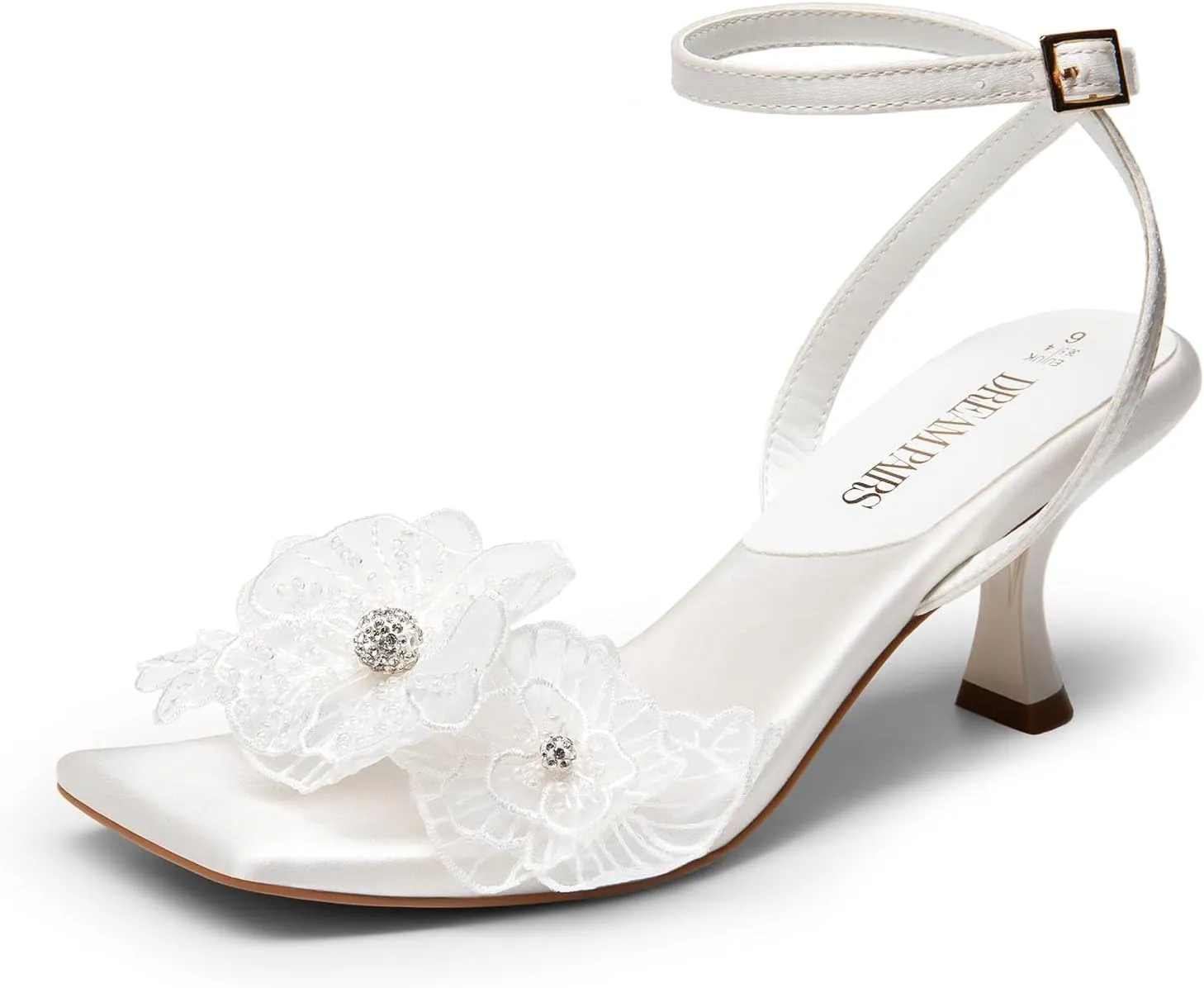 DREAM PAIRS Women's Flower Wedding Heels Cute Square Toe Slingback Low Kitten Heels Sandals with Ankle Strap