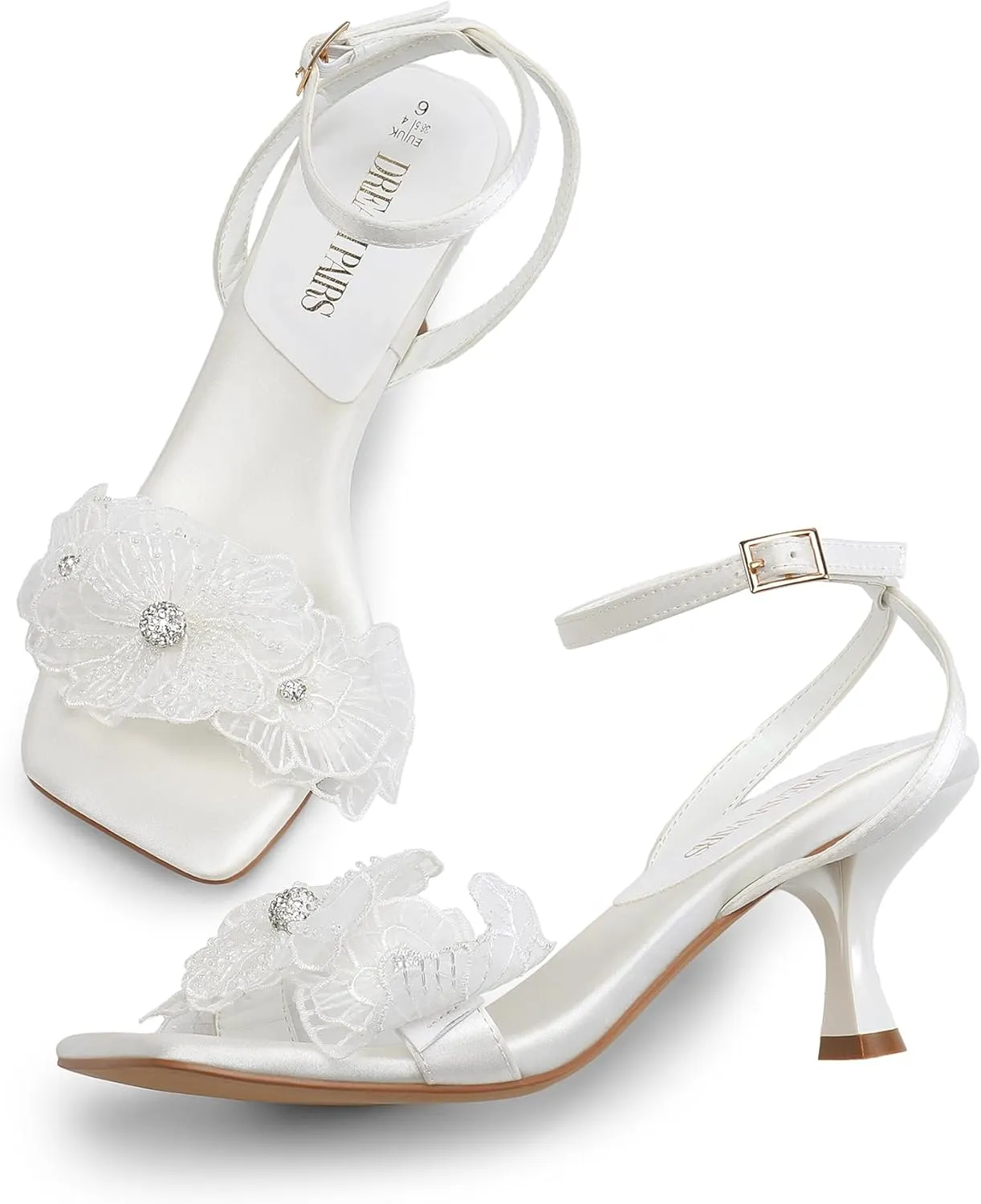 DREAM PAIRS Women's Flower Wedding Heels Cute Square Toe Slingback Low Kitten Heels Sandals with Ankle Strap
