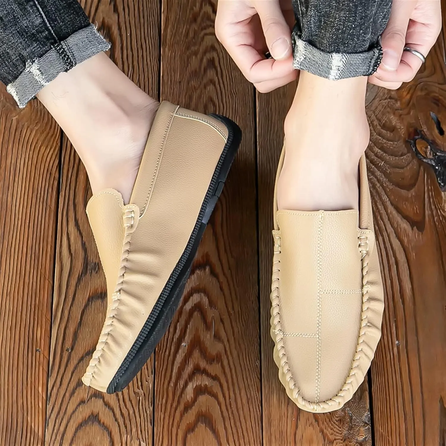 Driving Moccasins for Men Stitching Details Slip On Moccasins Shoes Vegan Leather Anti-Slip Resistant Flat Heel Driving Slip On for Any Attire