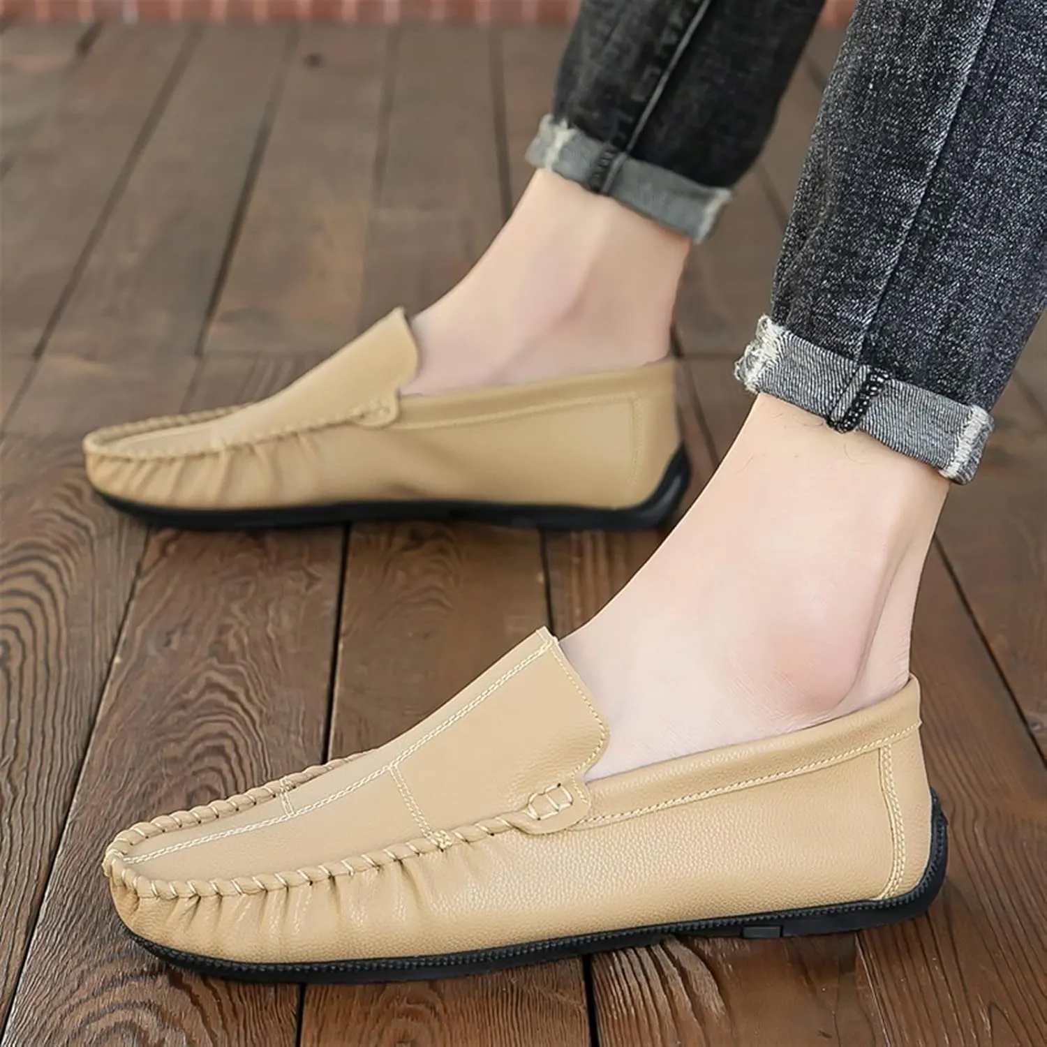 Driving Moccasins for Men Stitching Details Slip On Moccasins Shoes Vegan Leather Anti-Slip Resistant Flat Heel Driving Slip On for Any Attire