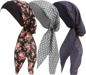 Ever Fairy Vintage Elastic Wide Band Multifunction Hair Loss Wrap Print Bonnet Chemo Women Head Scarf Turbans Night Sleep Hat Cap (3 Color Pack B)