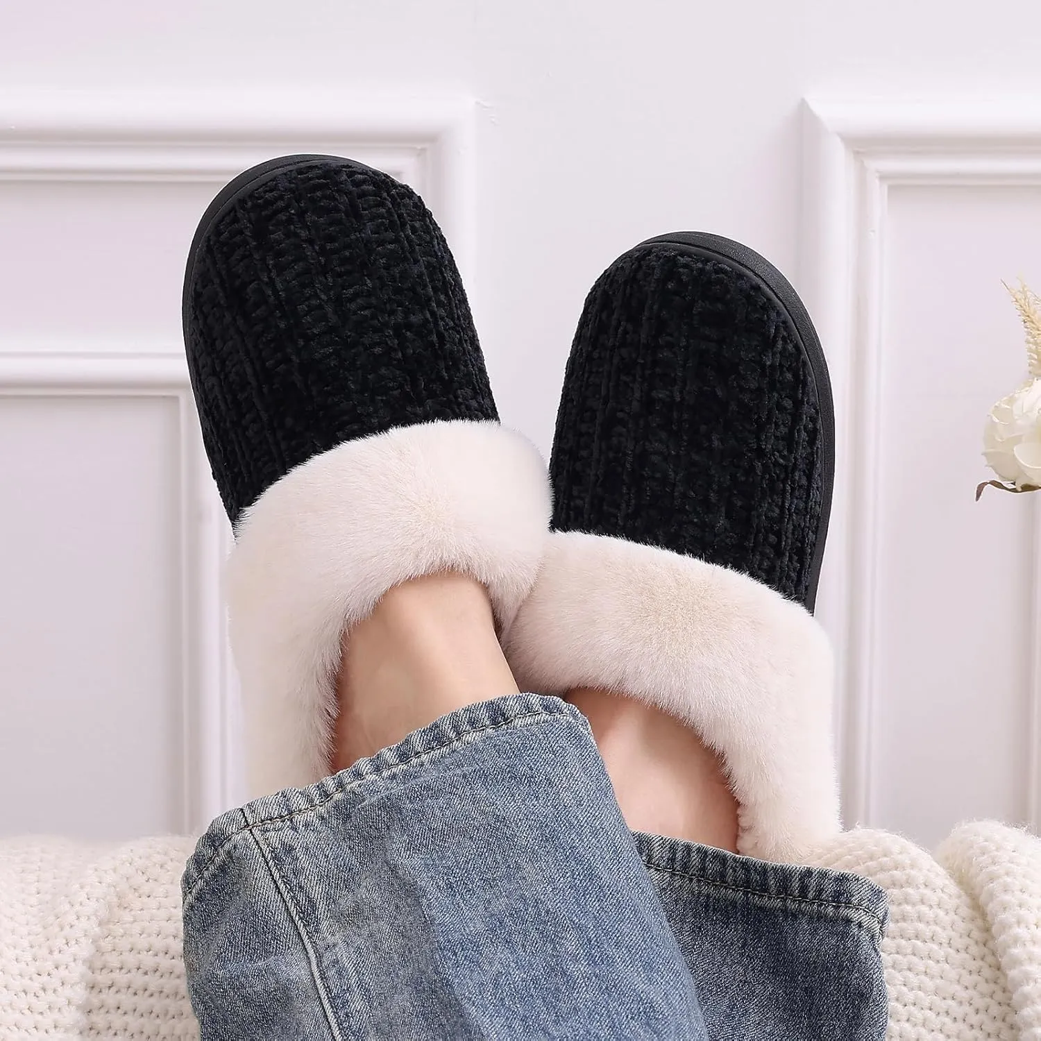 Evshine Warm Knit House Slippers for Women Comfy Wool-Like Lined Chenille Slippers with Memory Foam and Indoor Outdoor Soles