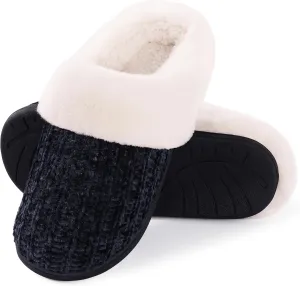 Evshine Warm Knit House Slippers for Women Comfy Wool-Like Lined Chenille Slippers with Memory Foam and Indoor Outdoor Soles
