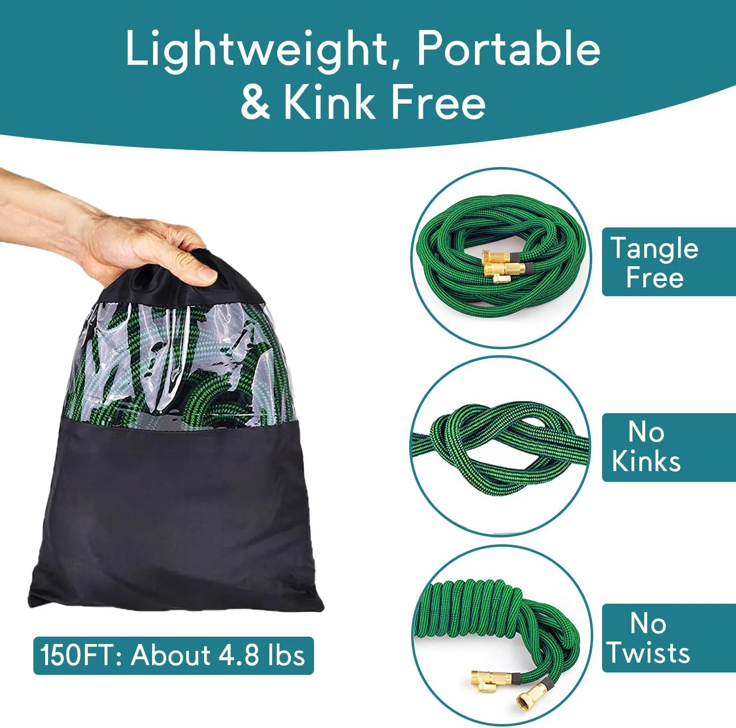 Expandable Garden Hose 150 ft, 2025 New No Kink Retractable Water Hose 150ft with 10 Pattern Spray Nozzle, Solid Brass Connectors, Reinforced Expanding Latex Core, Ultra Lightweight & Flexible