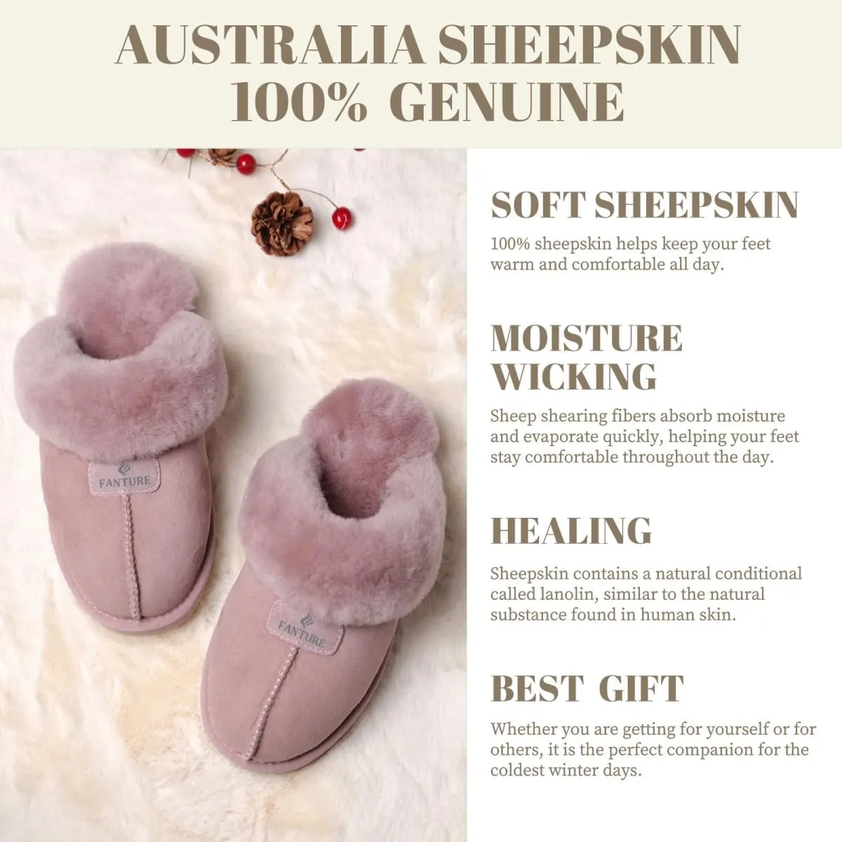 FANTURE Genuine Australian Sheepskin Women Slippers, Memory Foam Fluffy Shearling Slippers Indoor Outdoor House Shoes with Warm Lining