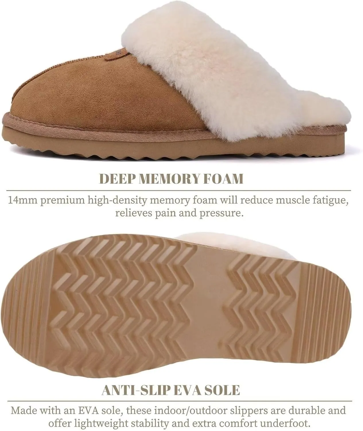 FANTURE Genuine Australian Sheepskin Women Slippers, Memory Foam Fluffy Shearling Slippers Indoor Outdoor House Shoes with Warm Lining