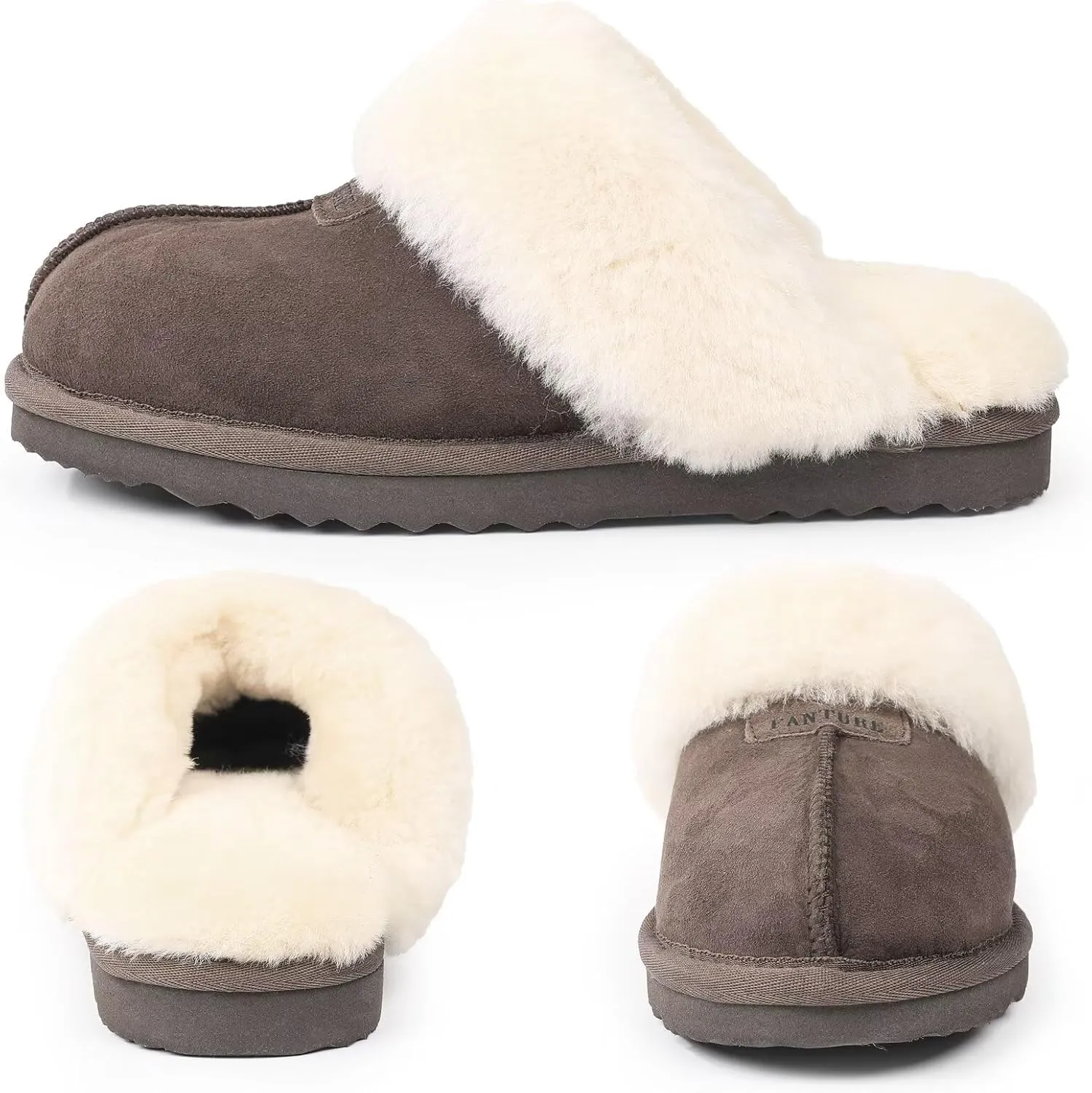 FANTURE Genuine Australian Sheepskin Women Slippers, Memory Foam Fluffy Shearling Slippers Indoor Outdoor House Shoes with Warm Lining