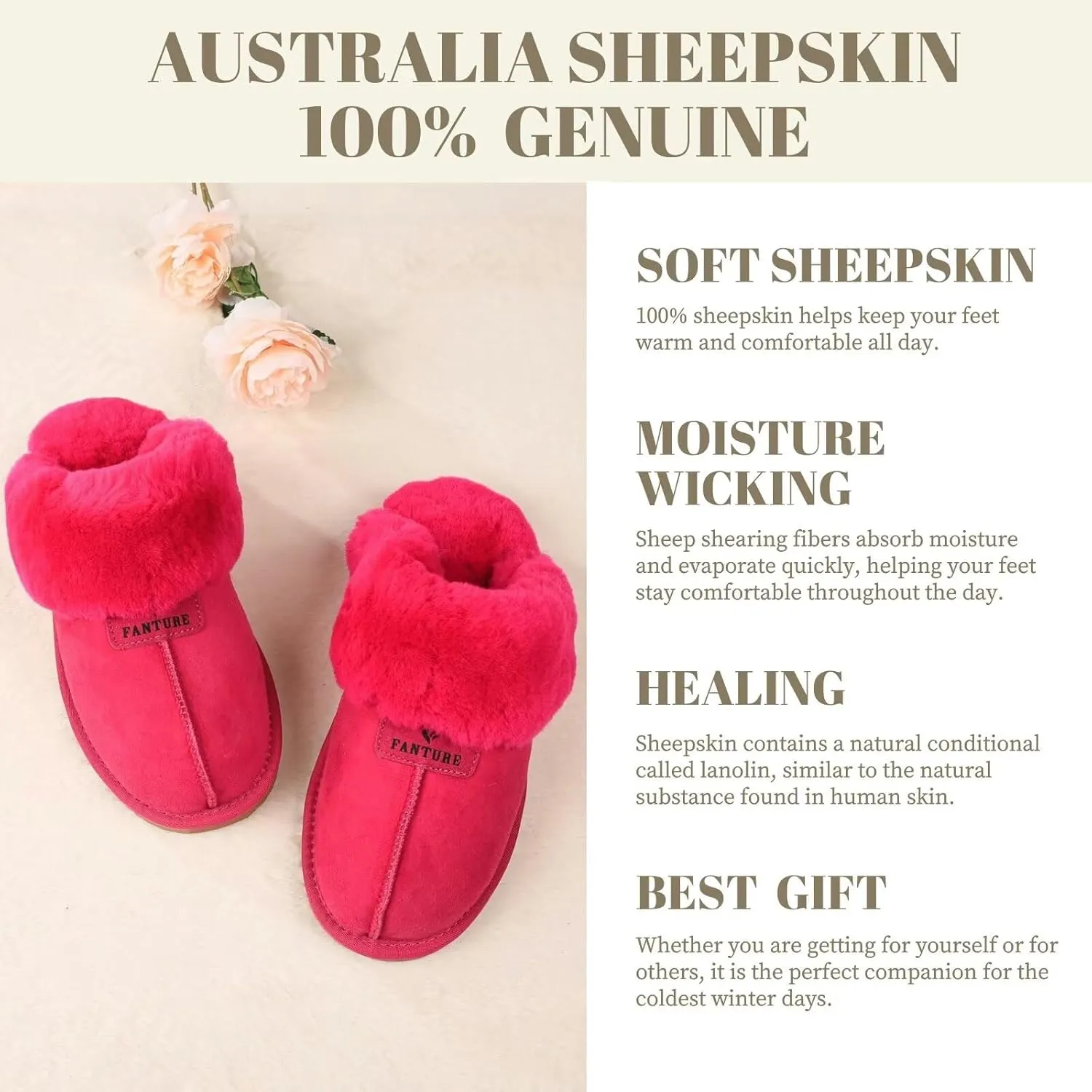 FANTURE Genuine Australian Sheepskin Women Slippers, Memory Foam Fluffy Shearling Slippers Indoor Outdoor House Shoes with Warm Lining