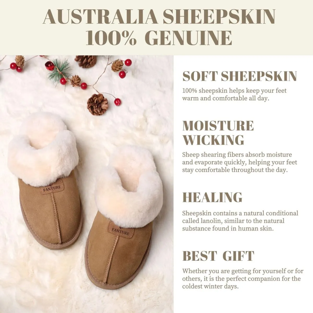 FANTURE Genuine Australian Sheepskin Women Slippers, Memory Foam Fluffy Shearling Slippers Indoor Outdoor House Shoes with Warm Lining