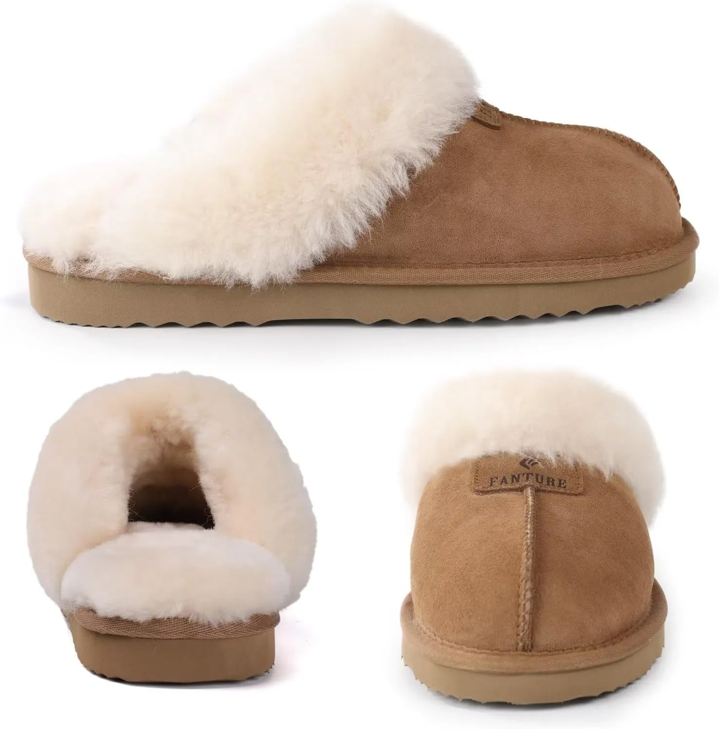 FANTURE Genuine Australian Sheepskin Women Slippers, Memory Foam Fluffy Shearling Slippers Indoor Outdoor House Shoes with Warm Lining