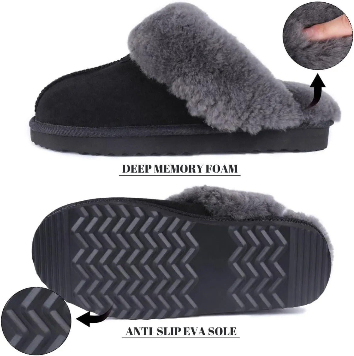 FANTURE Genuine Australian Sheepskin Women Slippers, Memory Foam Fluffy Shearling Slippers Indoor Outdoor House Shoes with Warm Lining