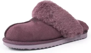 FANTURE Genuine Australian Sheepskin Women Slippers, Memory Foam Fluffy Shearling Slippers Indoor Outdoor House Shoes with Warm Lining