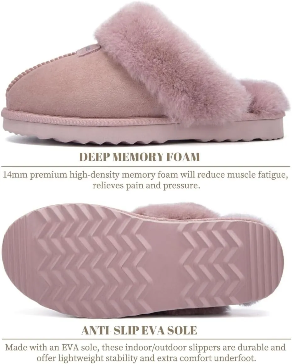 FANTURE Genuine Australian Sheepskin Women Slippers, Memory Foam Fluffy Shearling Slippers Indoor Outdoor House Shoes with Warm Lining
