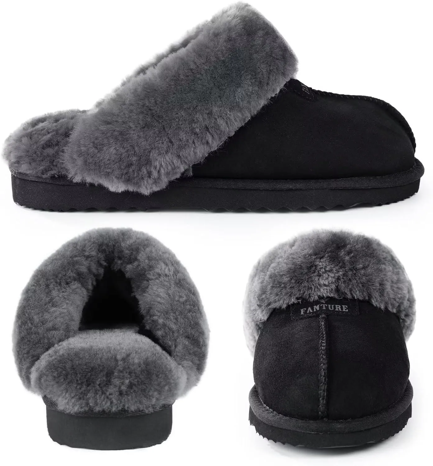FANTURE Genuine Australian Sheepskin Women Slippers, Memory Foam Fluffy Shearling Slippers Indoor Outdoor House Shoes with Warm Lining