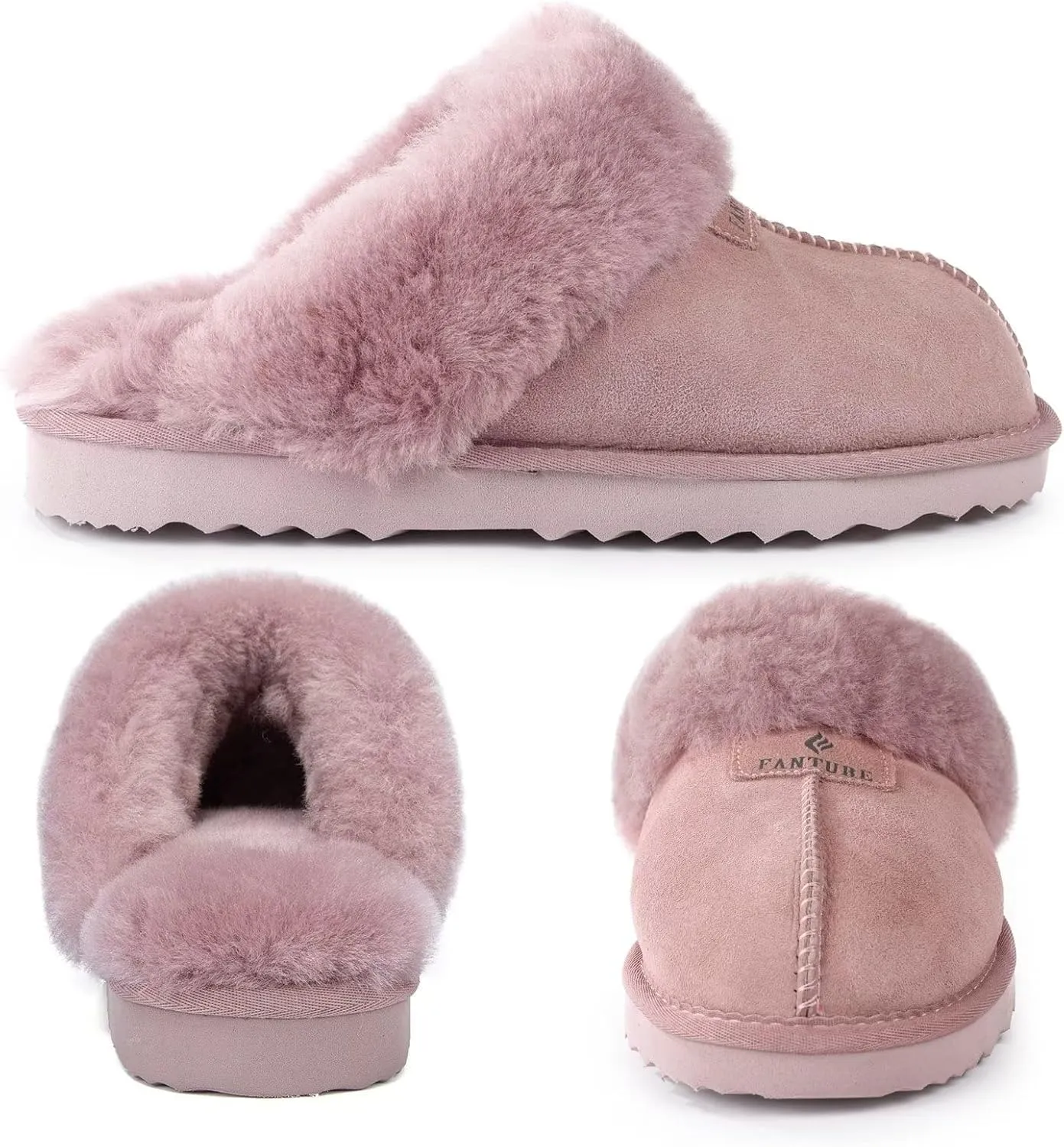 FANTURE Genuine Australian Sheepskin Women Slippers, Memory Foam Fluffy Shearling Slippers Indoor Outdoor House Shoes with Warm Lining