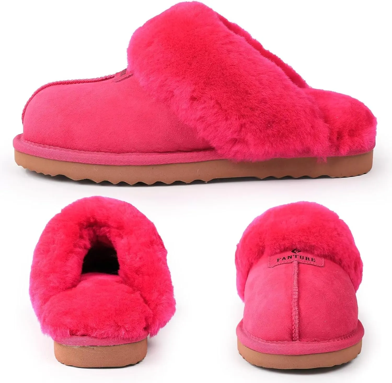 FANTURE Genuine Australian Sheepskin Women Slippers, Memory Foam Fluffy Shearling Slippers Indoor Outdoor House Shoes with Warm Lining
