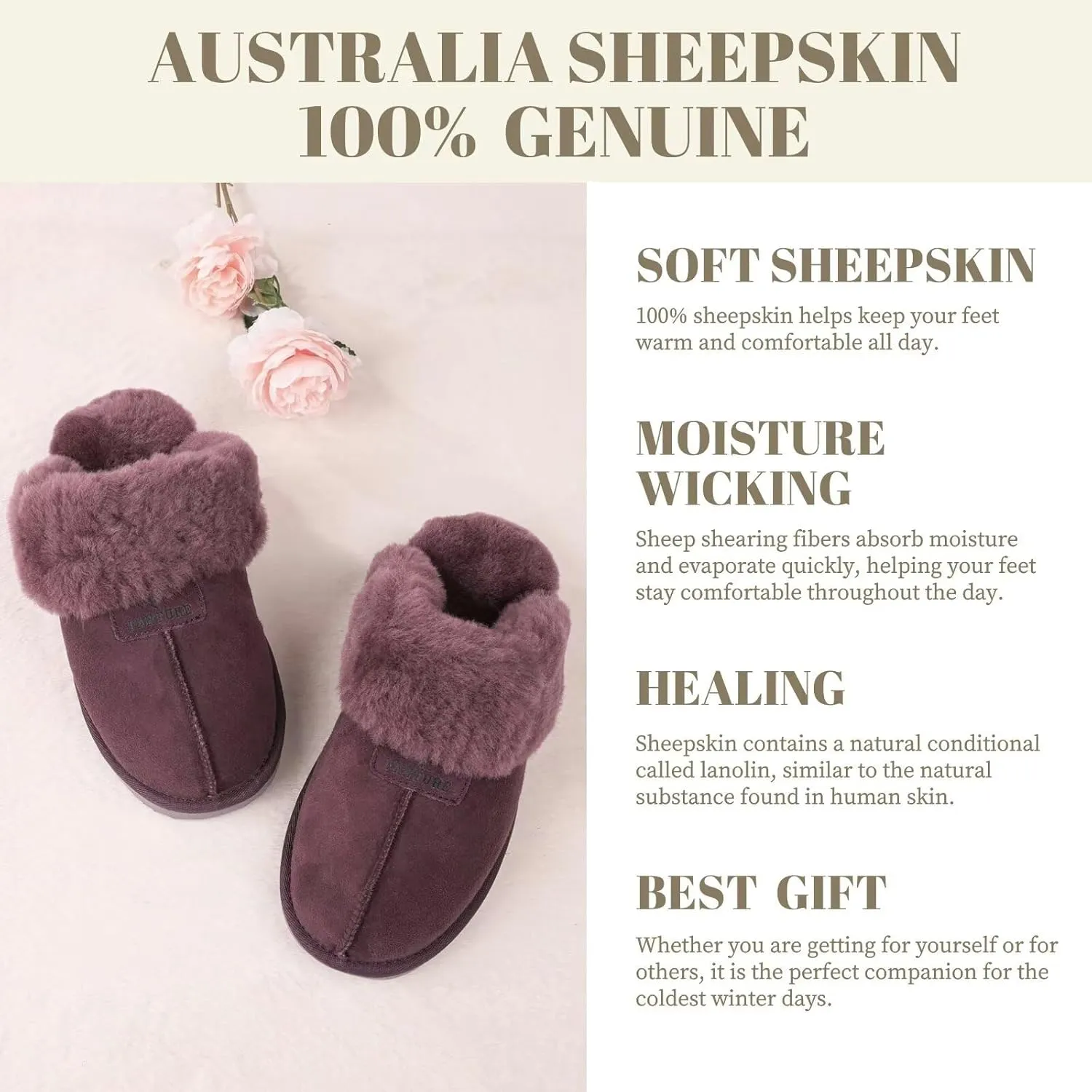 FANTURE Genuine Australian Sheepskin Women Slippers, Memory Foam Fluffy Shearling Slippers Indoor Outdoor House Shoes with Warm Lining
