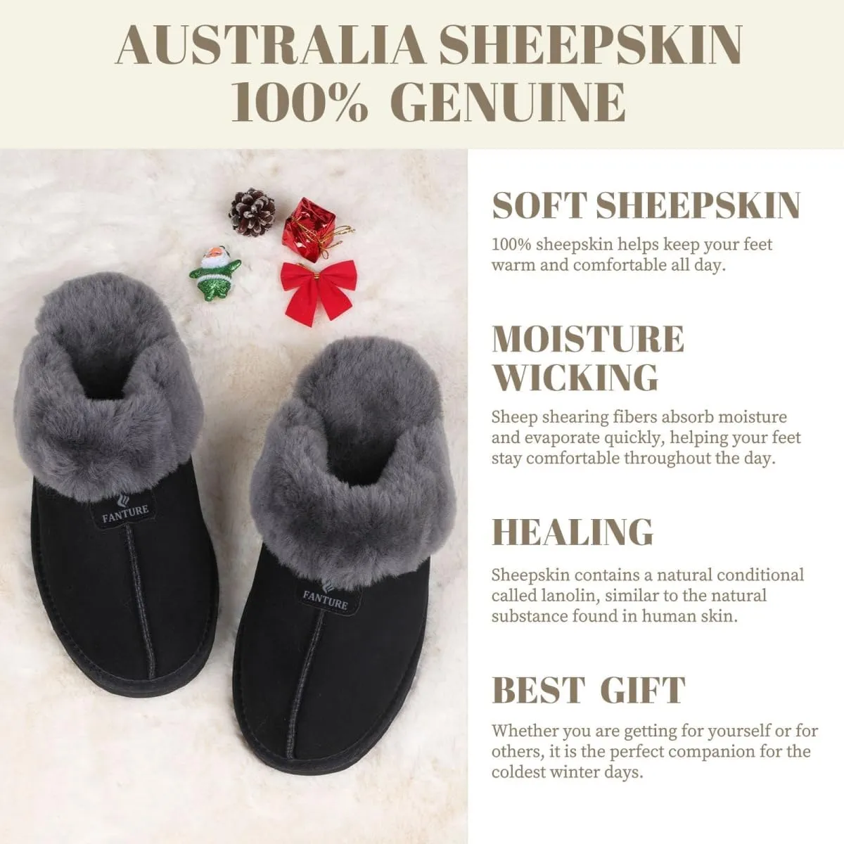 FANTURE Genuine Australian Sheepskin Women Slippers, Memory Foam Fluffy Shearling Slippers Indoor Outdoor House Shoes with Warm Lining