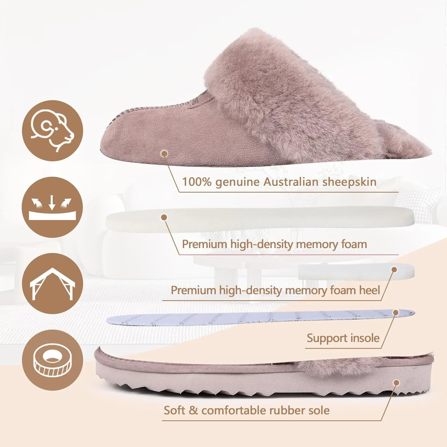 FANTURE Genuine Australian Sheepskin Women Slippers, Memory Foam Fluffy Shearling Slippers Indoor Outdoor House Shoes with Warm Lining