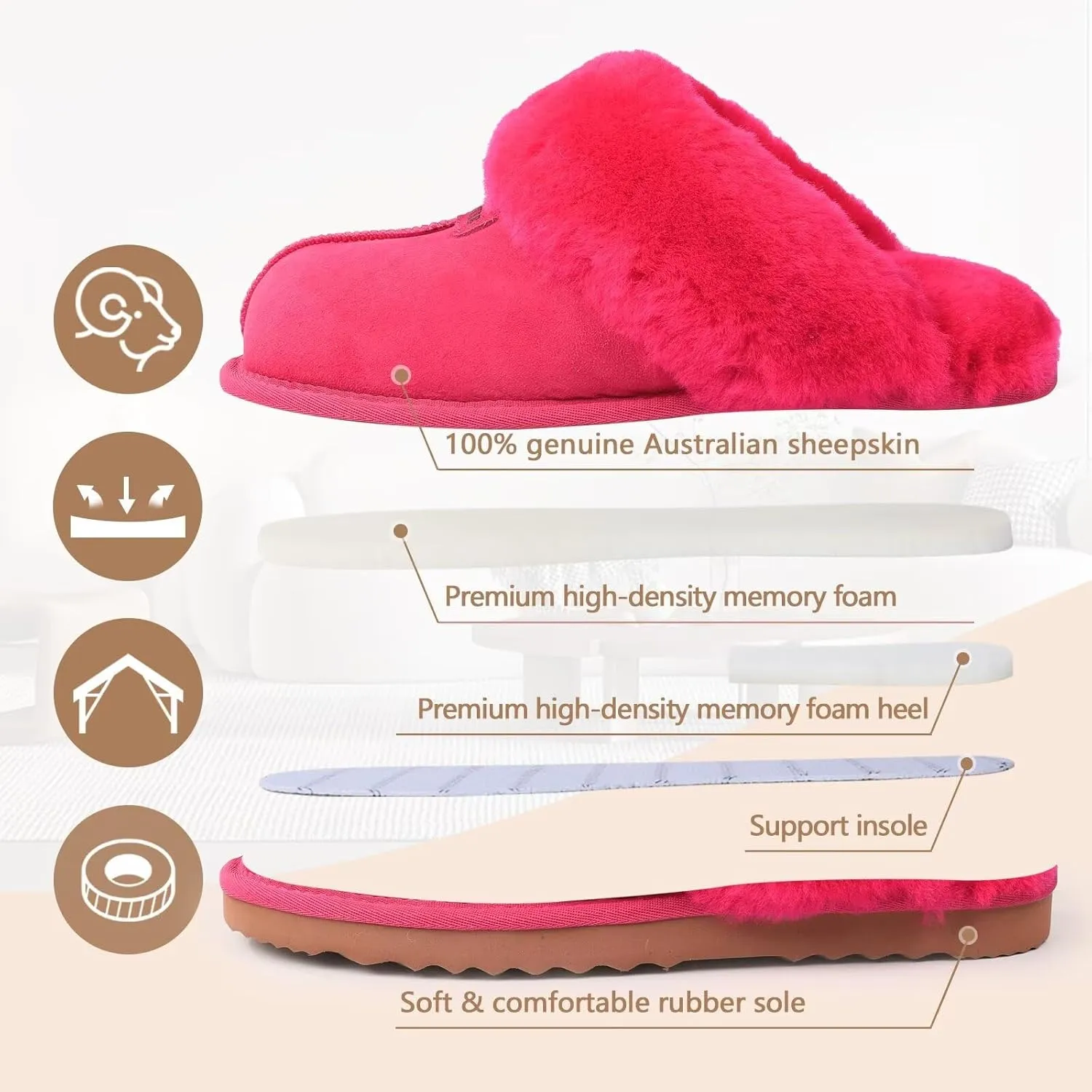 FANTURE Genuine Australian Sheepskin Women Slippers, Memory Foam Fluffy Shearling Slippers Indoor Outdoor House Shoes with Warm Lining