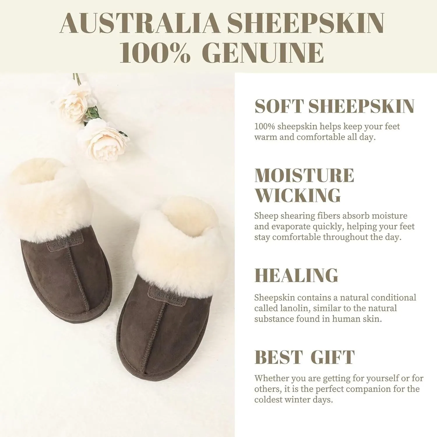 FANTURE Genuine Australian Sheepskin Women Slippers, Memory Foam Fluffy Shearling Slippers Indoor Outdoor House Shoes with Warm Lining