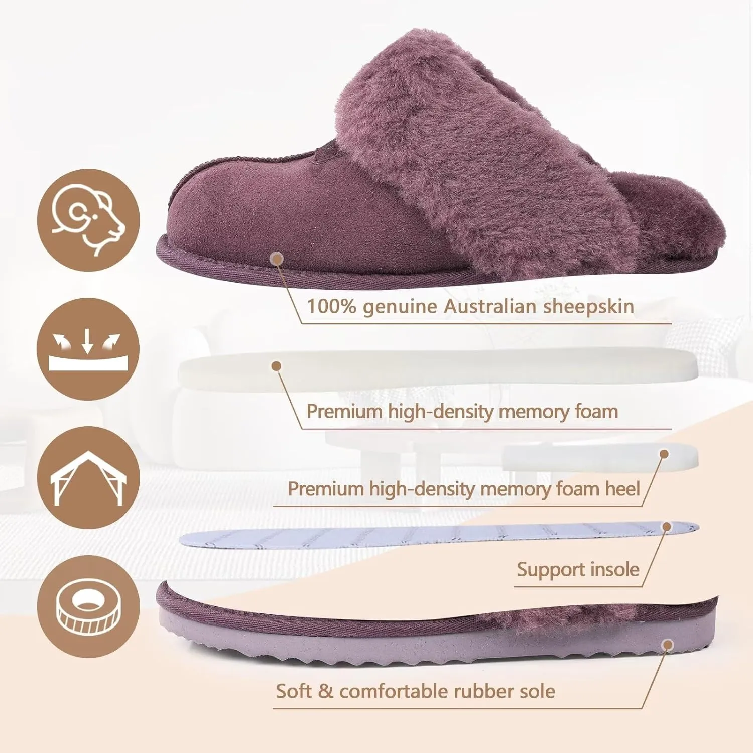 FANTURE Genuine Australian Sheepskin Women Slippers, Memory Foam Fluffy Shearling Slippers Indoor Outdoor House Shoes with Warm Lining