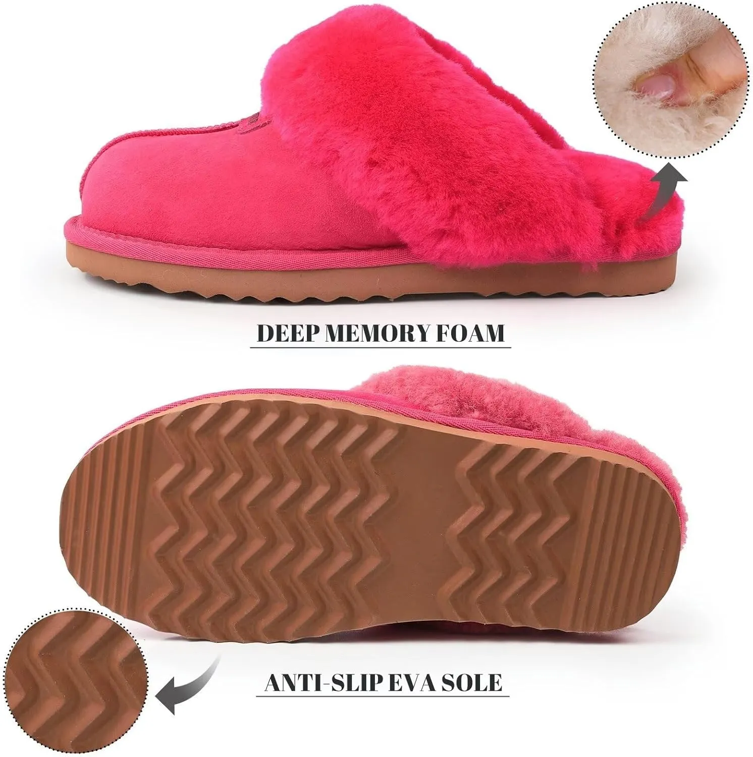 FANTURE Genuine Australian Sheepskin Women Slippers, Memory Foam Fluffy Shearling Slippers Indoor Outdoor House Shoes with Warm Lining