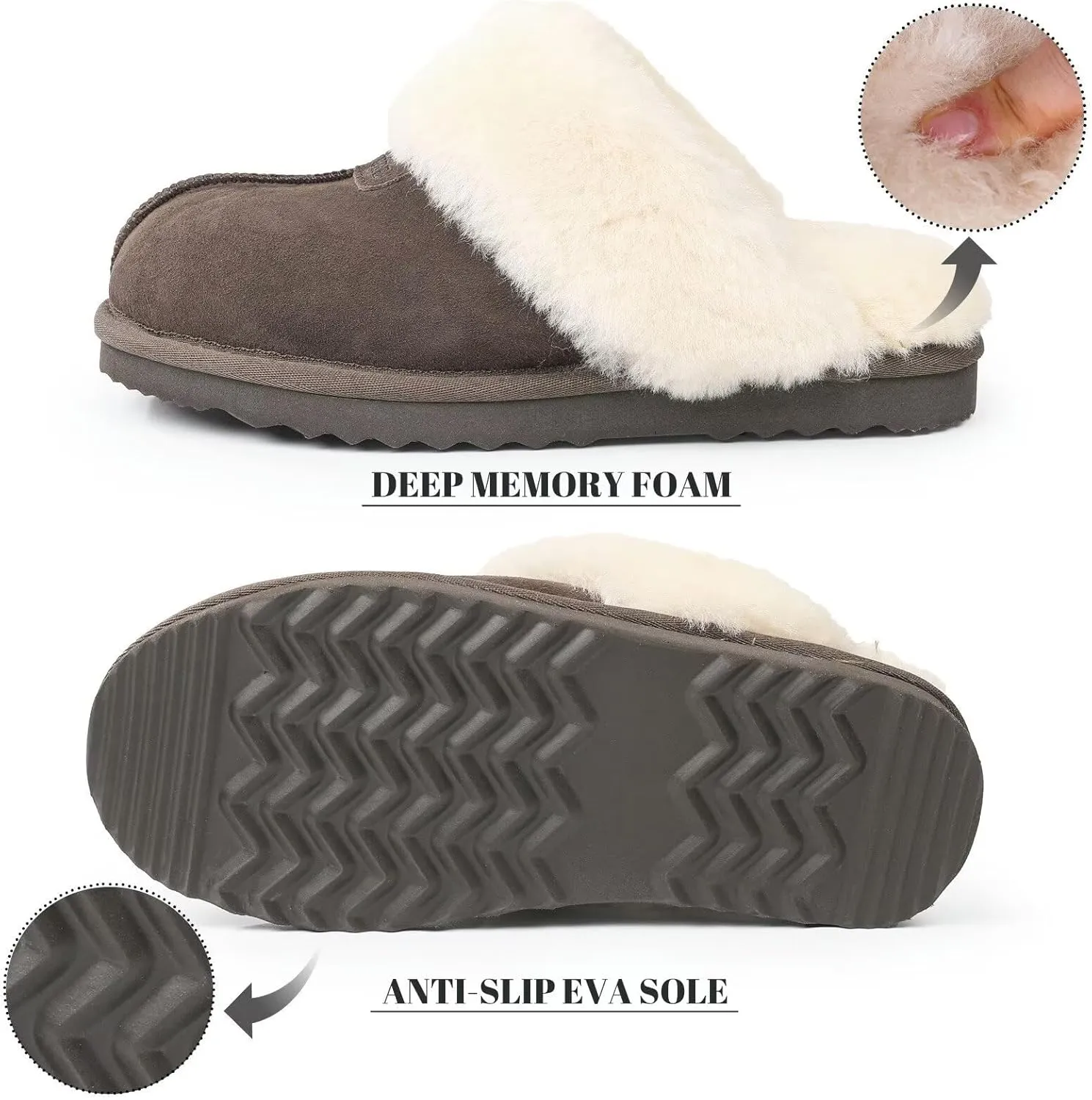 FANTURE Genuine Australian Sheepskin Women Slippers, Memory Foam Fluffy Shearling Slippers Indoor Outdoor House Shoes with Warm Lining