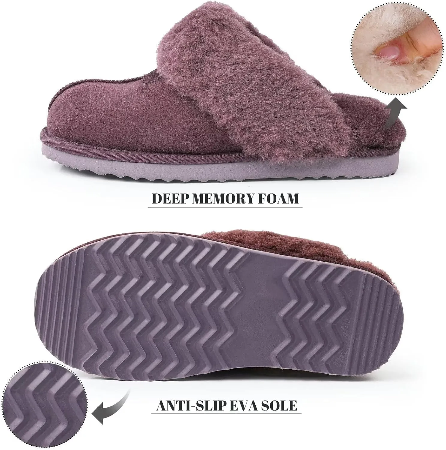 FANTURE Genuine Australian Sheepskin Women Slippers, Memory Foam Fluffy Shearling Slippers Indoor Outdoor House Shoes with Warm Lining