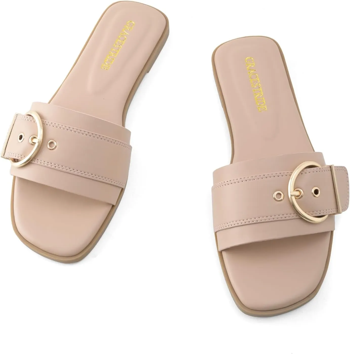 Flat Sandals for Women Fashion Square Open Toe Slip On Slides Sandals Summer