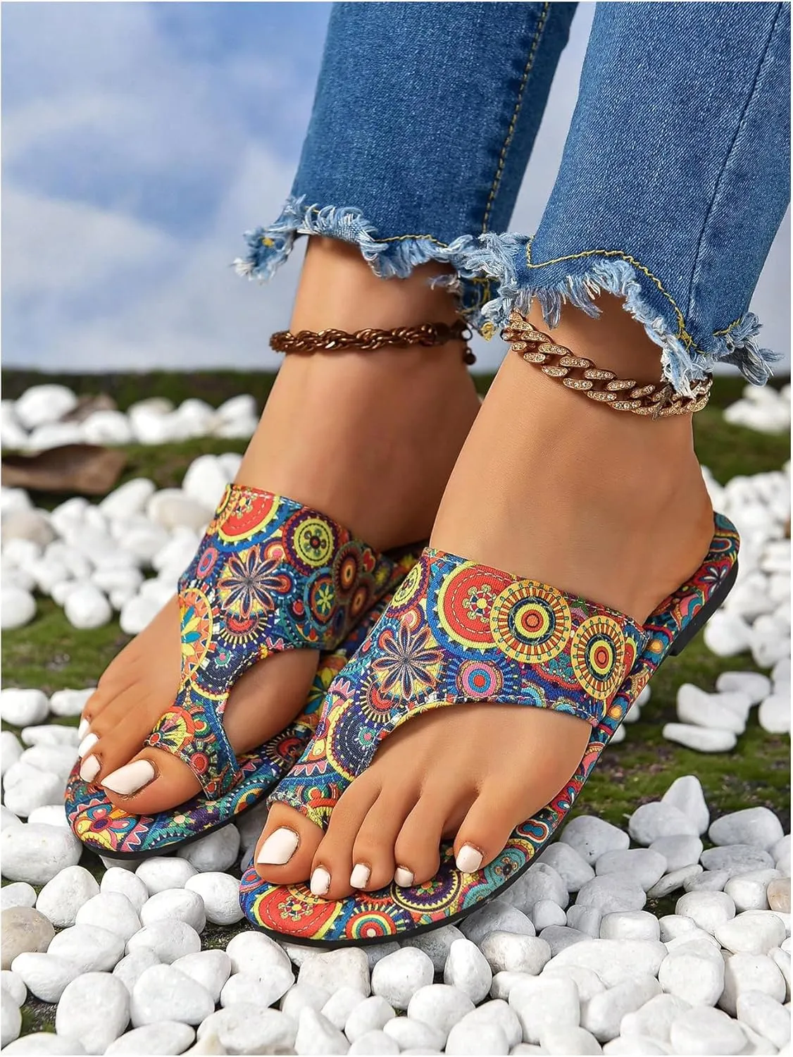 Floerns Women's Vacation Flat Sandals Toe Thong Slip on Bohemian Slides Sandal