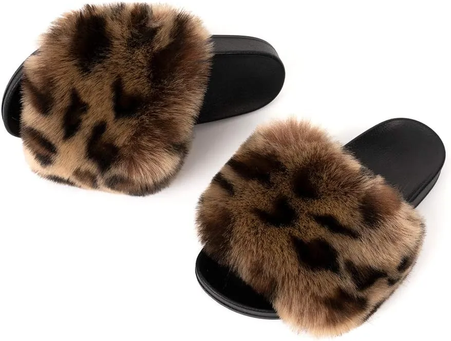 FUNKYMONKEY Women's Slides Faux Fur Cute Slip On Fuzzy Slippers Comfort Flat Sandals