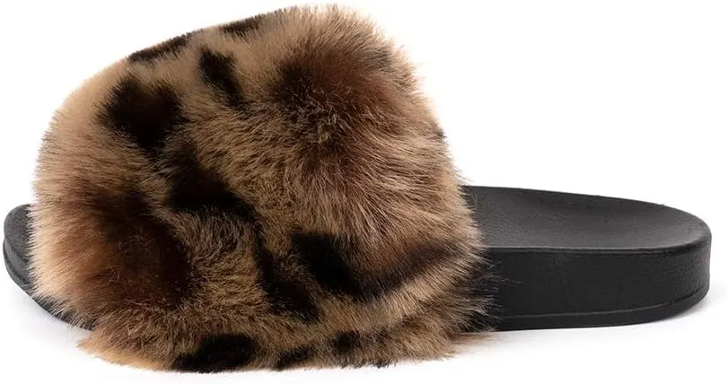 FUNKYMONKEY Women's Slides Faux Fur Cute Slip On Fuzzy Slippers Comfort Flat Sandals