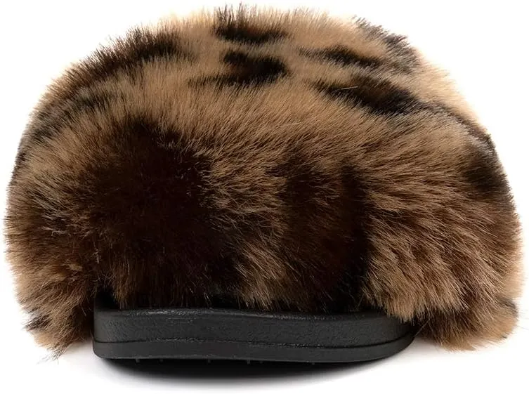 FUNKYMONKEY Women's Slides Faux Fur Cute Slip On Fuzzy Slippers Comfort Flat Sandals