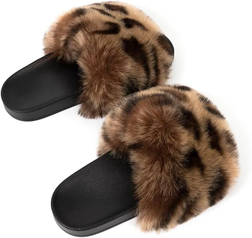 FUNKYMONKEY Women's Slides Faux Fur Cute Slip On Fuzzy Slippers Comfort Flat Sandals
