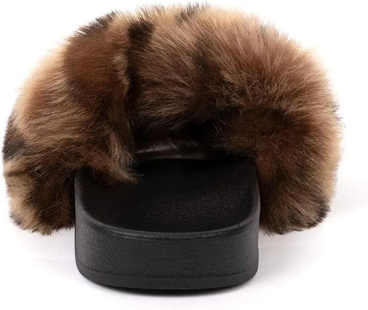 FUNKYMONKEY Women's Slides Faux Fur Cute Slip On Fuzzy Slippers Comfort Flat Sandals