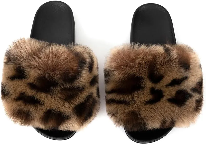 FUNKYMONKEY Women's Slides Faux Fur Cute Slip On Fuzzy Slippers Comfort Flat Sandals