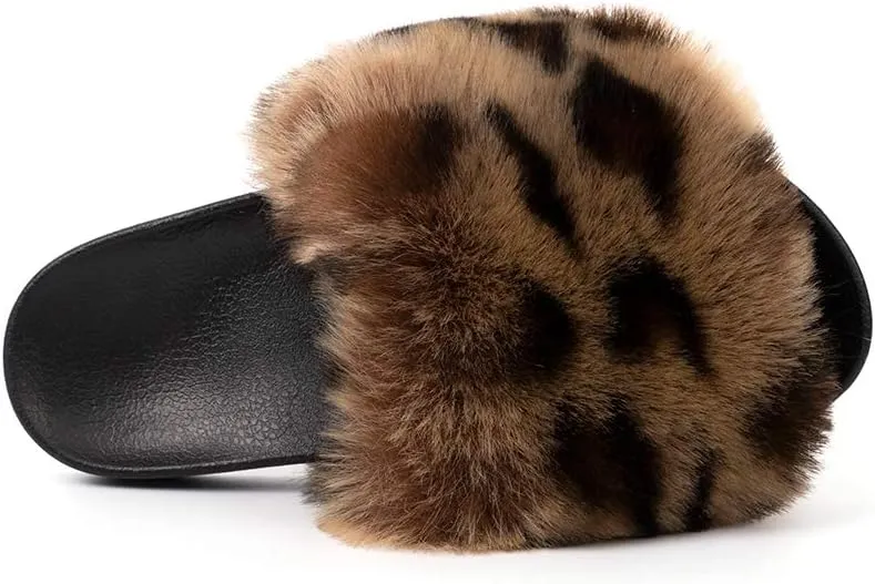 FUNKYMONKEY Women's Slides Faux Fur Cute Slip On Fuzzy Slippers Comfort Flat Sandals