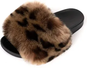 FUNKYMONKEY Women's Slides Faux Fur Cute Slip On Fuzzy Slippers Comfort Flat Sandals