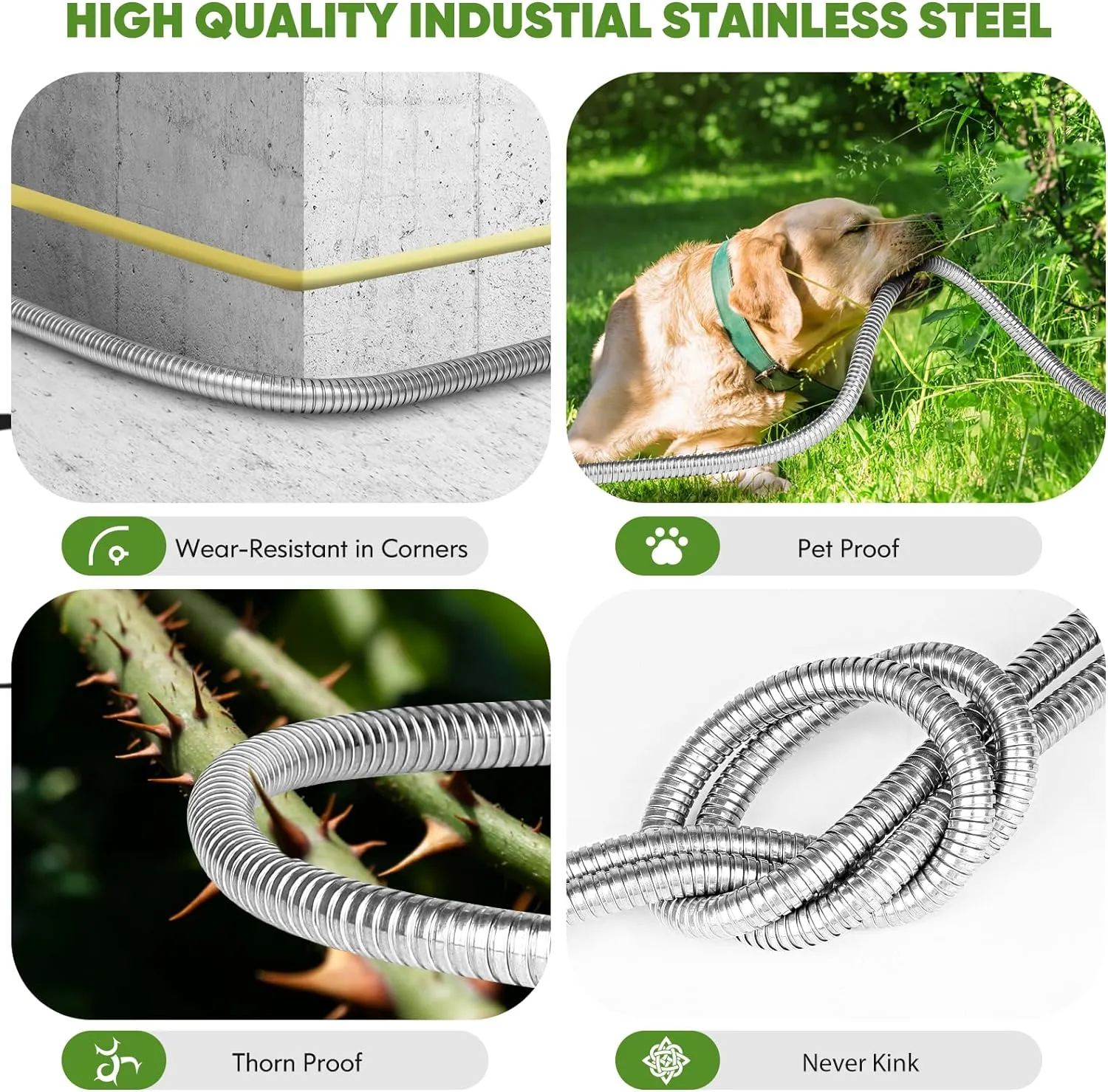 Garden Hose 50 ft, Stainless Steel Water Hose with 10 Function Nozzle Flexible, Heavy Duty, Lightweight, No-Kink, Pet Proof, Puncture Proof Hose Metal for Yard, Outdoor