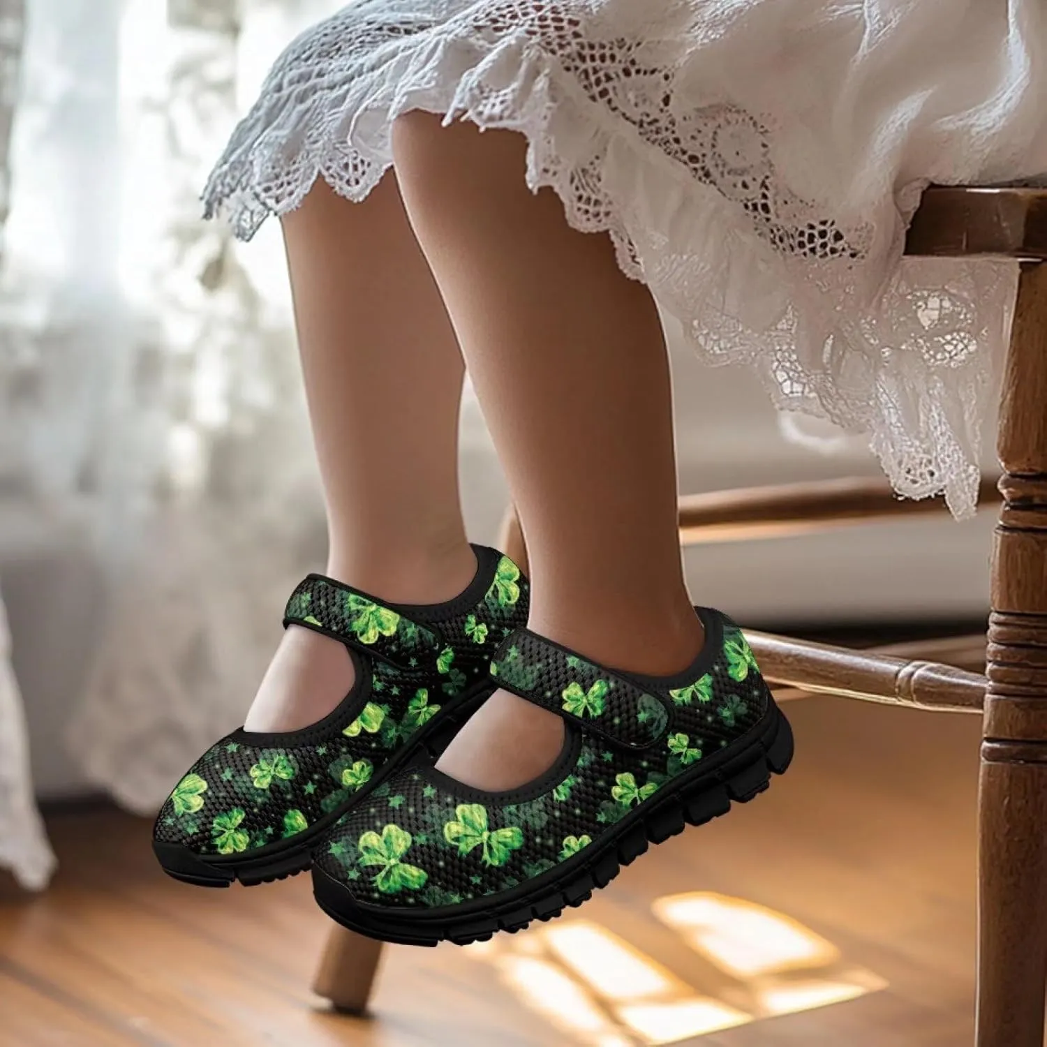Girls Slip On Casual Shoes St. Patrick's Day Easter Shoes Comfort Non Slip Travel Walking Shoe Mesh Sneaker Black Sole US 11-15