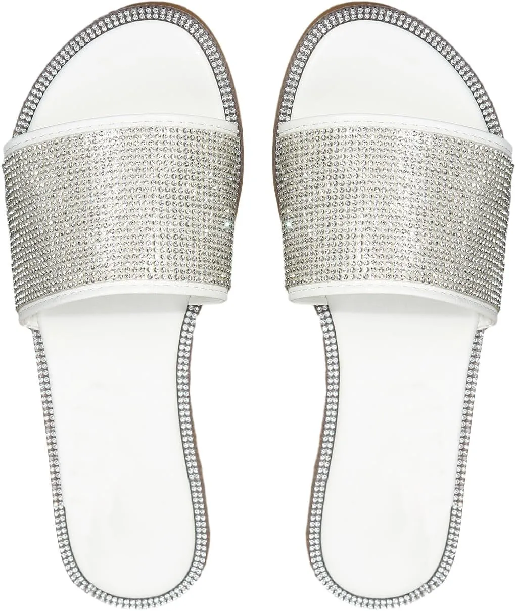 GORGLITTER Rhinestone Sparkly Sandals Dressy Slip on Summer Casual Fancy Flat Sandals Glitter Open Toe Slides