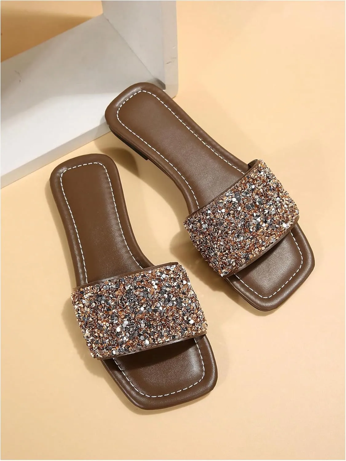 GORGLITTER Rhinestone Sparkly Sandals Dressy Slip on Summer Casual Fancy Flat Sandals Glitter Open Toe Slides