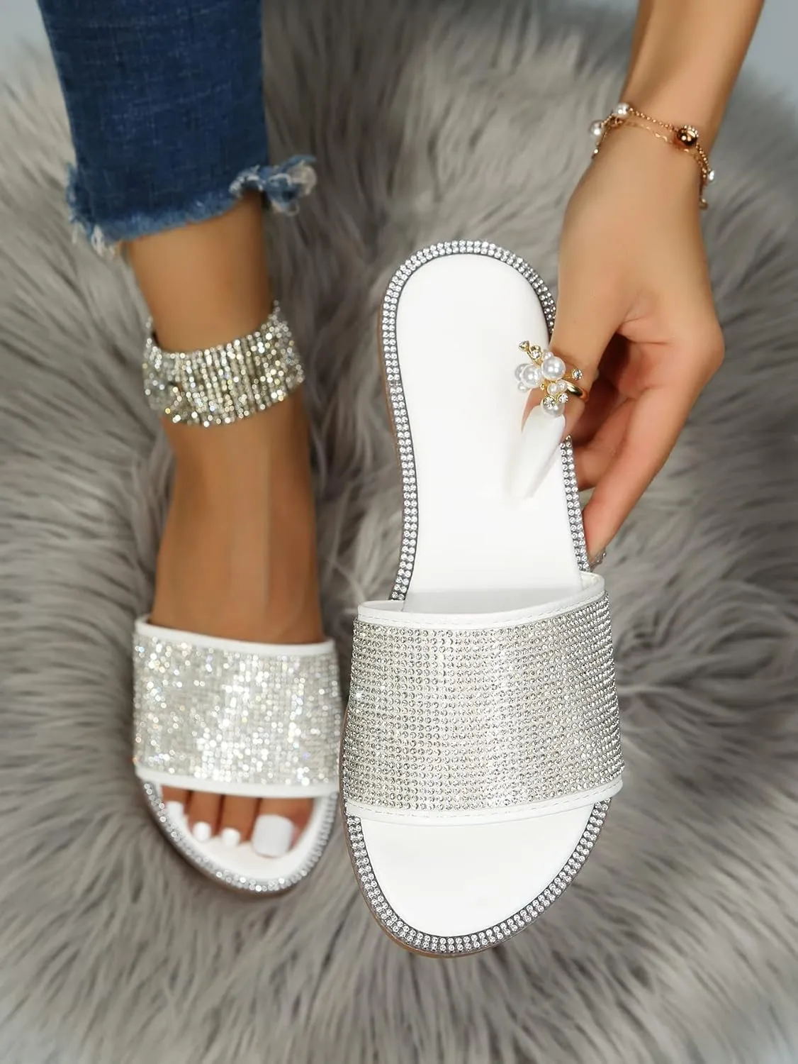 GORGLITTER Rhinestone Sparkly Sandals Dressy Slip on Summer Casual Fancy Flat Sandals Glitter Open Toe Slides