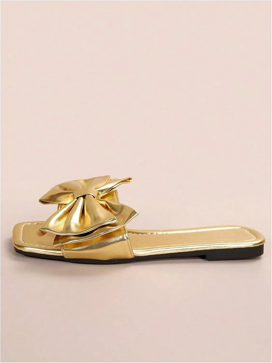 GORGLITTER Women's Bow Sandals Dressy Cute Metallic Square Open Toe Slip on Summer Flat Sandals