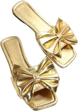 GORGLITTER Women's Bow Sandals Dressy Cute Metallic Square Open Toe Slip on Summer Flat Sandals