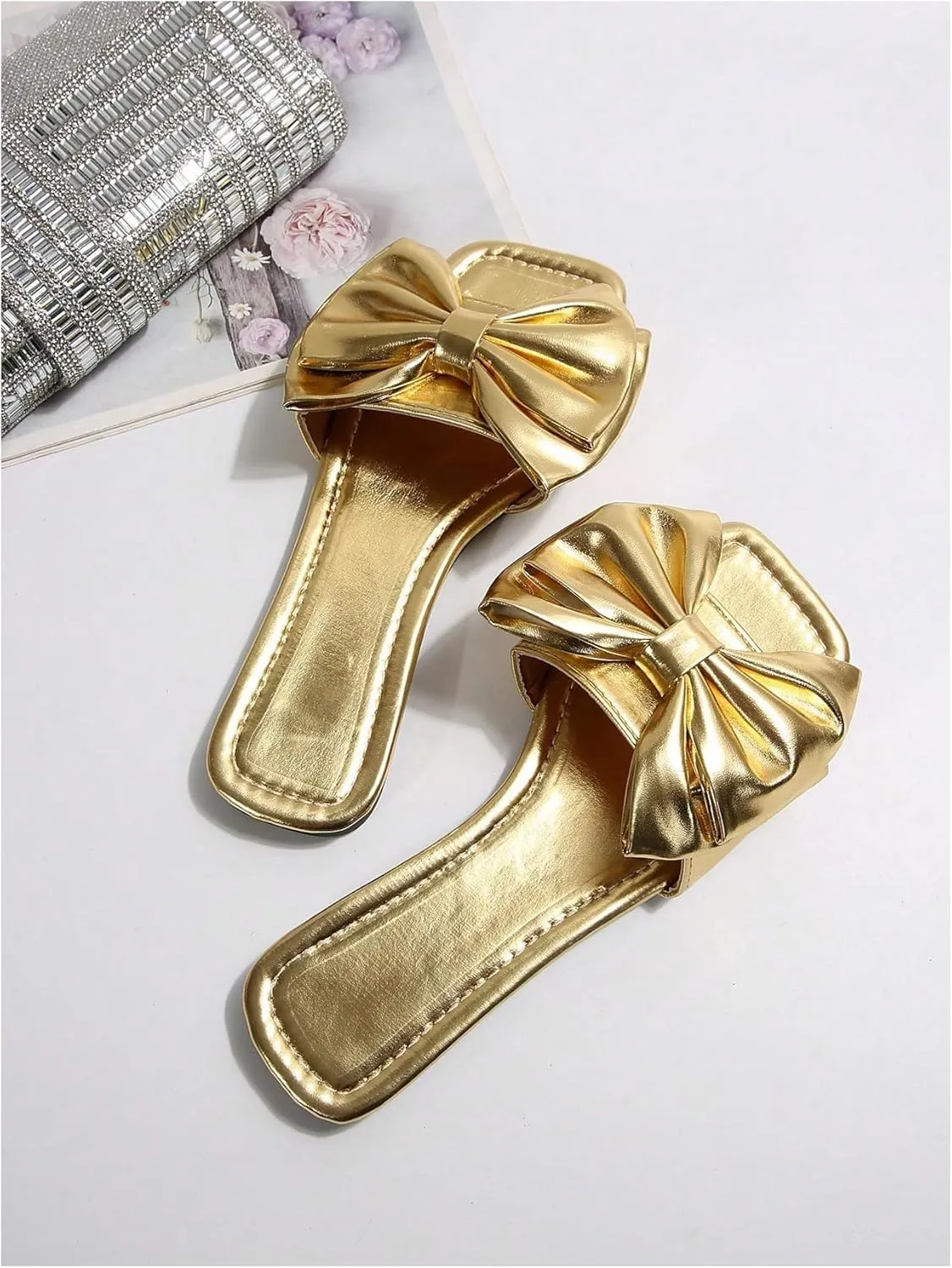 GORGLITTER Women's Bow Sandals Dressy Cute Metallic Square Open Toe Slip on Summer Flat Sandals