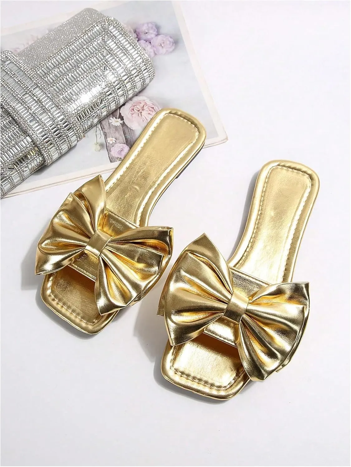 GORGLITTER Women's Bow Sandals Dressy Cute Metallic Square Open Toe Slip on Summer Flat Sandals